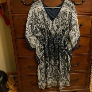 MPH Collection Navy White Paisley Chiffon Lined Kaftan Dress XL or 1X